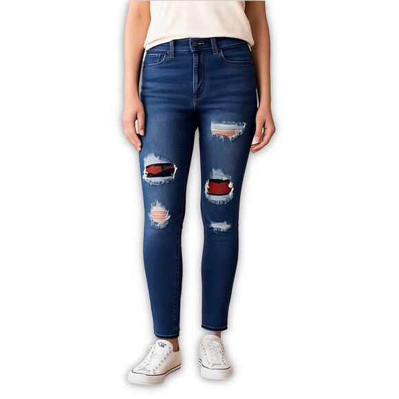 Judy Blue Women’s Skinny Jeans Blue Plaid Lined Distressed High Rise Size 14W - Picture 1 of 10
